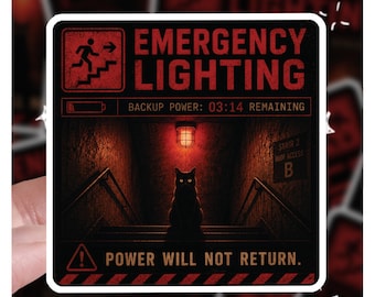 Emergency Lighting Cat Sticker, Power Will Not Return Decal, Dystopian Sci Fi Black Cat Vinyl Sticker, Analog Horror Aesthetic