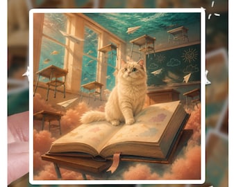 Dreamcore Floating Classroom Cat Sticker, Whimsical Classroom Sky World Decal, Floating Book Vinyl Sticker, Surreal Cat Lover Gift