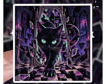 Glitch Void Cat Sticker, Surreal Mirror Dreamcore Decal, Pixel Art Gothic Black Cat, Creepy Cyberpunk Checkerboard Room Vinyl Sticker
