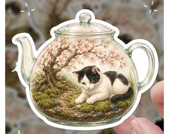 Cozy Glass Teapot Cat Sticker | Cherry Blossom Terrarium Decal | Cute Tuxedo Kitten Garden Art | Whimsical Fairycore Laptop Vinyl Gift