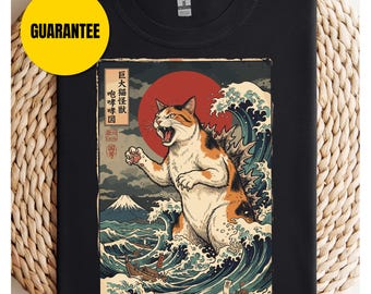 Catzilla marineblauw/zwart grappige kat T-shirt - Unisex softstyle T-shirt, grappig schattig katten-T-shirt, kattenliefhebber cadeau, shirt kat moeder, T-shirt kat, vader kat