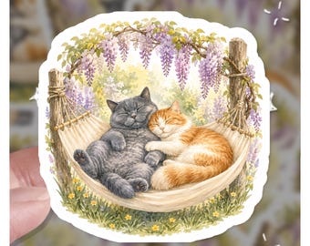 Cottagecore Cats in Hammock Sticker | Wisteria Garden Art Vinyl Decal (3x3 inches)