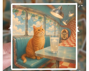Surreal Orange Cat Diner Sticker, Upside Down Sky World Decal, Glass of Cloud Vinyl Sticker, Liminal Space Cat Lover Gift, Cat Sticker