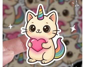 Einhorn Katze mit Herz, süßer Katzenaufkleber, Katzenaufkleber, Geschenk für sie, Geschenk für ihn