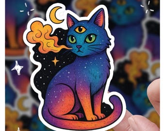 Pegatina de gato surrealista cósmico psicodélico: Gato galáctico del tercer ojo con luna y estrellas, pegatina espacial alucinante