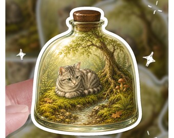 Cozy Tabby Cat Terrarium Sticker | Forest Potion Bottle Decal | Cute Silver Kitten Moss Garden Art | Cottagecore Laptop Vinyl Gift Idea