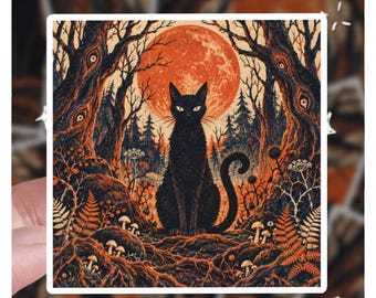 Gothic Woods Black Cat Sticker, Haunted Trees Creepy Forest Decal, Whimsigoth Blood Moon Feline, Botanical Dark Academia Nature Cottagegoth