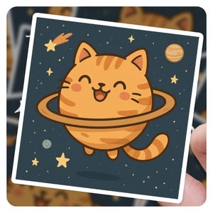 Planet Cat Sticker – Cute Space Kitty with Rings, Kawaii Cosmic Cat Vinyl Decal for Laptops & Journals
