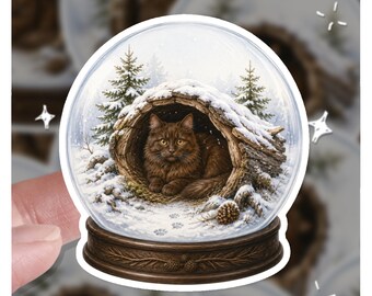Winter Cat Snow Globe Sticker | Fluffy Kitten in Log Cabin (3x3 Vinyl)