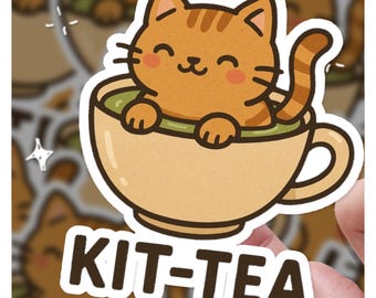 Pegatina de Kit-Tea: un juego de palabras con un gato adorable en una taza de té, un divertido regalo kawaii para amantes de los gatos, calcomanía de vinilo para la hora del té