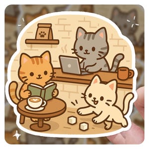 Coffee Shop Cats, 3&quot; Vinyl Sticker, Cute Cat Sticker