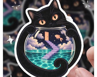 Surreal Black Cat Fishbowl Sticker, Dreamcore Aesthetic Vinyl Decal, Cosmic Portal Staircase Art Sticker for Laptop, Water Bottle, Journal