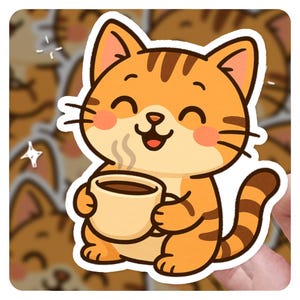 Cute Coffee Cat Sticker – Happy Kawaii Kitty with Mug – Cozy Cat Vinyl Decal for Journals, Laptops, and Cat Lovers