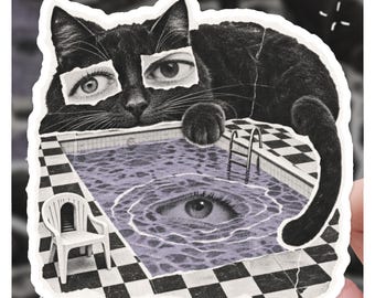 Liminal Space Cat Sticker Goth Poolcore Vinyl Decal, Surrealist Magazine Cutout Sticker, Weirdcore Black Cat, Creepy Cute Aesthetic Art
