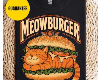 Koszulka Meowburger, zabawna koszulka z kotem-burgerem, koszulka z kotem z wolnego wybiegu, zabawna koszulka z żartem o jedzeniu, słodka pomarańczowa koszulka z nadrukiem kota, vintage foodie