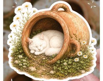 Cozy Sleeping White Cat Sticker | Clay Pot Garden Decal | Cute Fluffy Kitten Daisy Chamomile Art | Cottagecore Laptop Waterbottle Vinyl