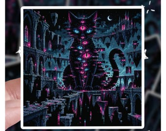 Pixel Art Void Cat Sticker, Retro Neon Synthwave Cyberpunk Cat Decal, Dark Fantasy Gothic Feline, Creepy Cute Eldritch Horror Sticker