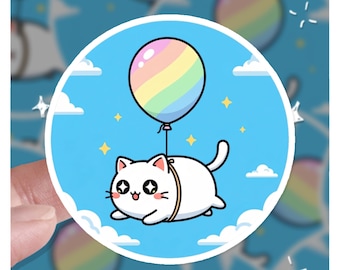 Schwimmende Katze am Ballon in Wolken befestigt, süße Katze, lustiger Katzenaufkleber, Katzenaufkleber, Geschenk für sie, Geschenk für ihn