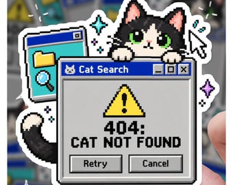 404 Cat Not Found Sticker | Pixel Art Tuxedo Cat Error Message Vinyl Decal | Cute Retro 90s Computer Laptop Sticker Gamer Gift