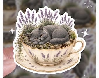 Cozy Teacup Grey Cat Sticker | Lavender Garden Herb Decal | Cute British Shorthair Kitten Art | Cottagecore Laptop Waterbottle Vinyl