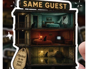 Liminal Space Motel Cat Sticker | Abandoned Hotel Void Cat Decal | Weirdcore Analog Horror Cross Section Sticker, Creepy Cat Art, Eerie Meme