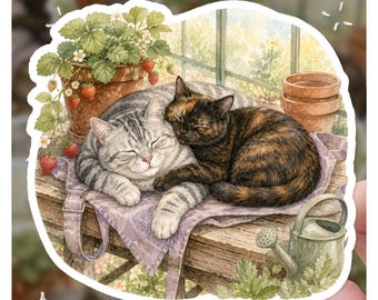 Cozy Greenhouse Cats Sticker | Sleeping Tortoiseshell Silver Tabby Decal | Strawberry Plant Garden Art | Cottagecore Laptop Vinyl Gift