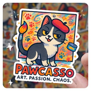 Pawcasso Cat Sticker – Funny Artist Cat Parody | Art Passion Chaos | Painter Cat Vinyl Sticker for Cat Lovers & Creatives