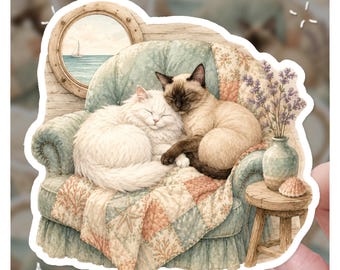 Cozy Nautical Armchair Cats Sticker | Siamese White Kitten Porthole Decal | Coastal Quilt Lavender Art | Cottagecore Beach Vinyl Gift