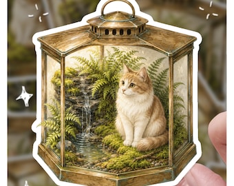 Cozy Lantern Cat Terrarium Sticker | Waterfall Moss Garden Decal | Cute Fluffy Orange Kitten Art | Cottagecore Laptop Waterbottle Vinyl