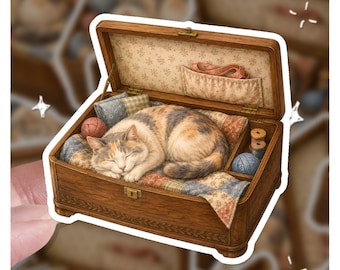 Cozy Sewing Basket Cat Sticker | Dilute Calico Sleeping Kitten Decal | Vintage Quilting Yarn Spool Art | Cottagecore Laptop Vinyl Gift