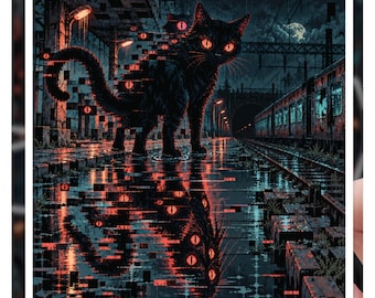 Liminal Space Cat Sticker, Glitch Art Train Station Decal, Creepy Puddle Reflection Black Cat, Eldritch Horror Void Kitty Vinyl Sticker