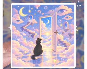 Dreamcore Tuxedo Cat Sticker | Weirdcore Open Door Decal | Surreal Clouds Crescent Moon Art | Pastel Fantasy Sky Laptop Vinyl Aesthetic Gift