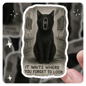Surreal Horror Cat Sticker – &quot;It Waits Where You Forget to Look&quot; Creepy Gothic Aesthetic Art