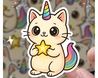Einhorn Katze (gelber Stern), süßer Katzen Aufkleber, Katzen Aufkleber, Geschenk für sie, Geschenk für ihn