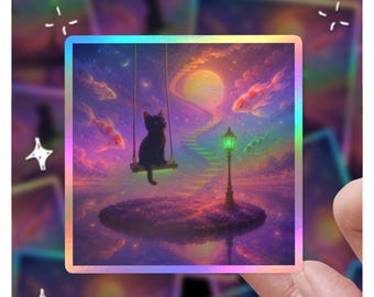 Holographic Dreamcore Black Cat Sticker, Holo Moon Staircase Decal, Floating Koi Fish Vinyl Sticker, Surreal Rainbow Void Cat Gift
