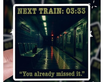 Next Train Liminal Spaces Backrooms Cat, naklejka z kotem 3" i 4", naklejka z kotem, prezent dla niej, prezent dla niego