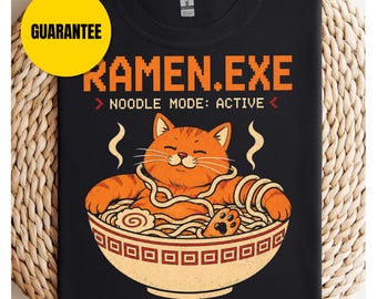Koszulka RAMEN.EXE Noodle Mode Active | Zabawna koszulka z kotem Ramen | Uroczy T-shirt z kotem Gamer | Prezent z japońskim jedzeniem w stylu pikselowym