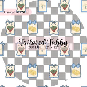 May include: A repeating pattern featuring framed illustrations of strawberries, lemons, and floral bouquets, each with a blue border and bow. The text "Tailored Tabby" is displayed, along with the dimensions 30.48 cm x 30.48 cm. The background is a checkered pattern.