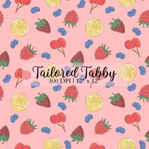 May include: A pink patterned design featuring illustrations of various fruits, including lemons, strawberries, raspberries, cherries, and blueberries. The text "Tailored Tabby" is displayed, along with the dimensions of 12" x 12".