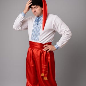 Adult Folk Ukrainian Cossak Costume with Hat, Ukrainian Sharovary and Shirt for Adults Men, Traditional Ukrainian Slavic Costume - 2 Colors