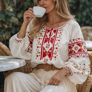 Chic Resort-Ready Vyshyvanka Blouse with Red and Multicolor Geometric Embroidery