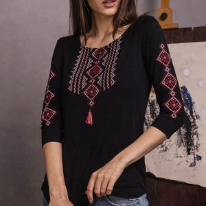 S-3XL Heritage Ukrainian Vyshyvanka Blouse with Red and White Geometric Embroidery and Three-Quarter Sleeves - 4 Colors