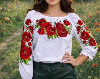 Elegant Ukrainian Vyshyvanka Blouse with Red Rose Embroidery