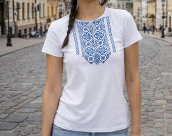 S-3XL White Vyshyvanka T-Shirt with Deep Blue Geometric Embroidery