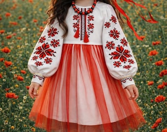 4-12yo Charming Ukrainian Embroidered Girls Dress with Belt - Floral Vyshyvanka Dress