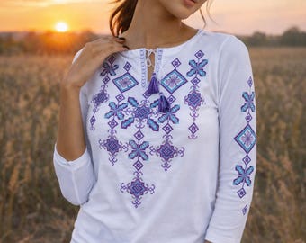 S-4XL Elegant Ukrainian Vyshyvanka Blouse with Lavender Geometric Embroidery and Three-Quarter Sleeves