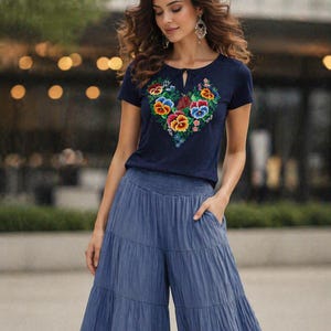 S-4XL Boho Flower Embroidered Vyshyvanka Tshirt for Summer - 2 colors