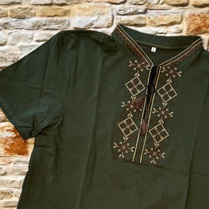 S-3XL Modern Embroidered Ukrainian T-Shirt for Men – Green Base with Beige & Brown Embroidery, Vyshyvanka for Men, Ukrainian Gift