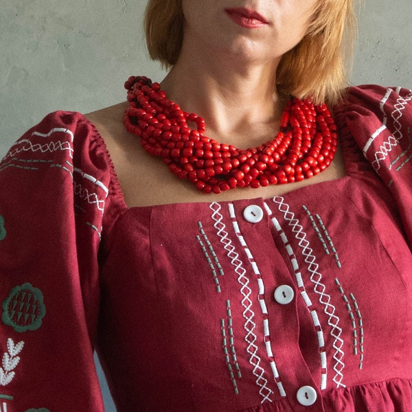 Handmade Ukrainian Namisto, Red Wooden Neck Beads, Ukrainian Necklace, Folk Boho Style Necklace Namysto, Ukrainian Gift