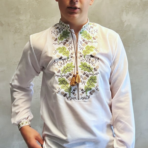 XS-5XL Modern Green Embroidered Shirt, Ukrainian Sorochka Shirt, Summer Vyshyvanka for Men, Men's Embroidered Shirt